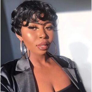 VRZ Beauty Short Pixie Cut Human Hair Wig Black Curly Waves Glueless
